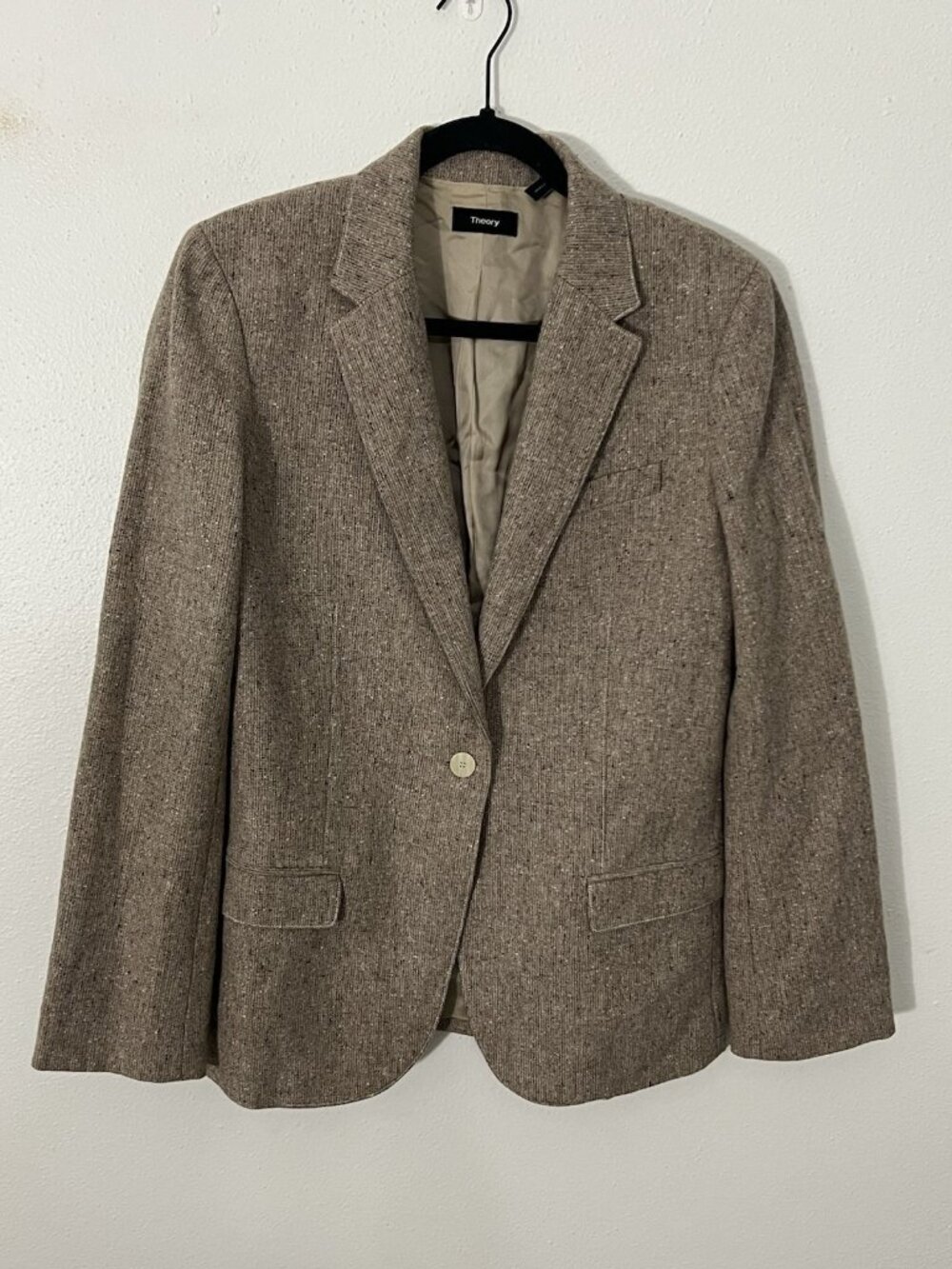 Theory Staple Blazer Speckled Wool Taupe Tan Size 10 Preppy Business Casual